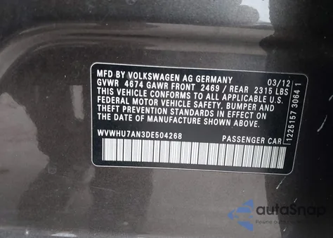 2013 Volkswagen Cc 3.6L Vr6 Lux from USA, damaged, VIN WVWHU7AN3DE504268